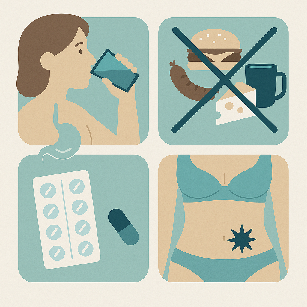 ChatGPT Image 20 нояб. 2025 г., 06_54_21 Иллюстрация подготовки к УЗИ брюшной полости: питье воды, отказ от жирной пищи, прием препаратов и указание области обследования